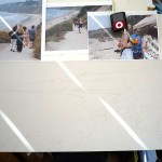 The three photo references I found for the beach, printed large; and my dodgy iPod setup.